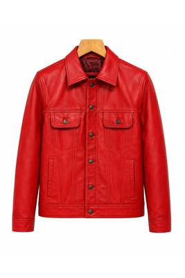 Men's red leather trucker jacket signature look buttoned style jacket 1