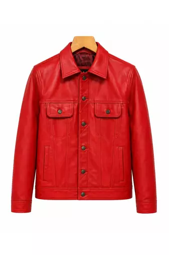 Men's red leather trucker jacket signature look buttoned style jacket