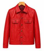 Men's red leather trucker jacket signature look buttoned style jacket