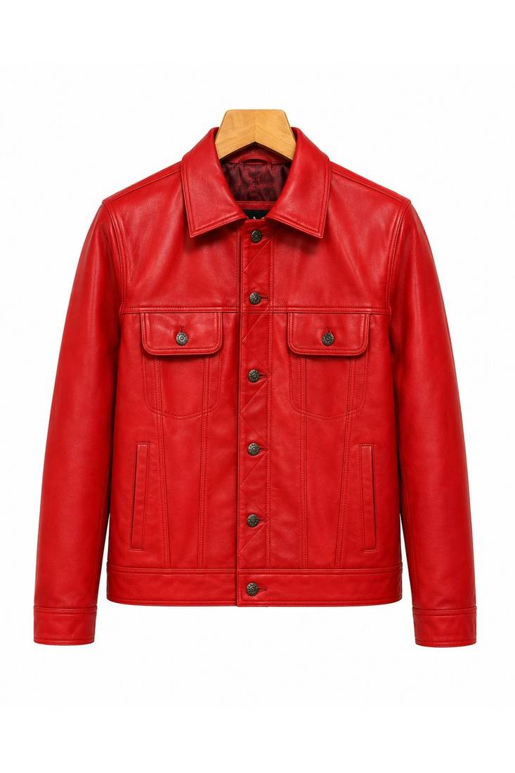 Men's red leather trucker jacket signature look buttoned style jacket
