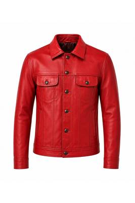 Men's red leather trucker jacket signature look buttoned style jacket 2