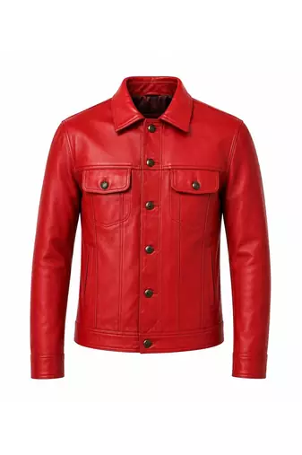 Men's red leather trucker jacket signature look buttoned style jacket