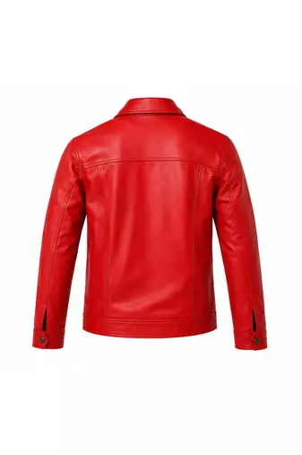 Men's red leather trucker jacket signature look buttoned style jacket