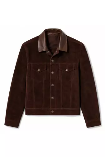 Men's leather trucker jacket signature look brown suede jacket