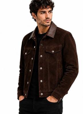 Men's leather trucker jacket signature look brown suede jacket 2
