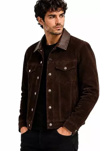 Men's leather trucker jacket signature look brown suede jacket