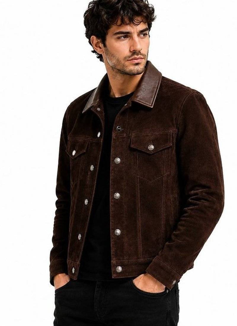 Men's leather trucker jacket signature look brown suede jacket