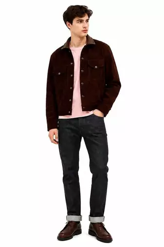 Men's leather trucker jacket signature look brown suede jacket