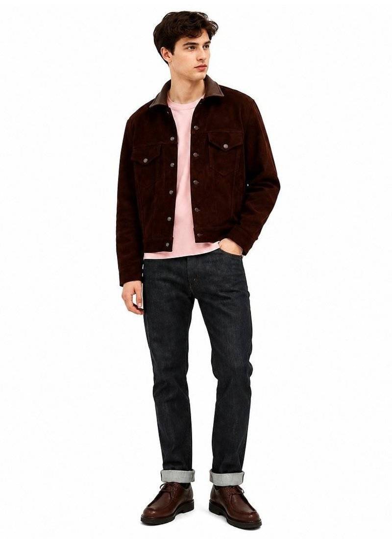 Men's leather trucker jacket signature look brown suede jacket