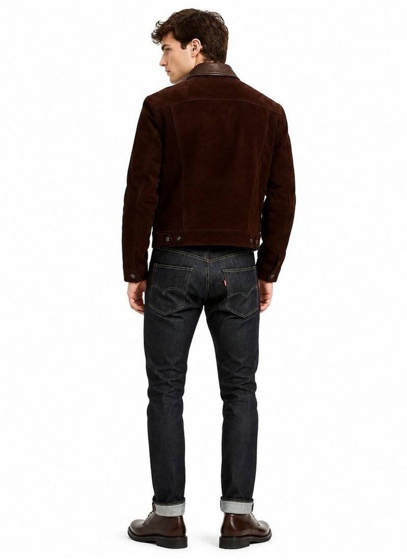 Men's leather trucker jacket signature look brown suede jacket