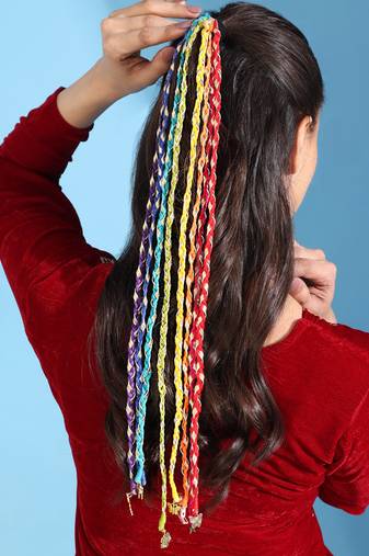 Multicolored handmade rainbow hair braids