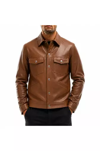 Men brown leather biker jacket real lambskin buttoned leather shirt