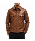 Men brown leather biker jacket real lambskin buttoned leather shirt