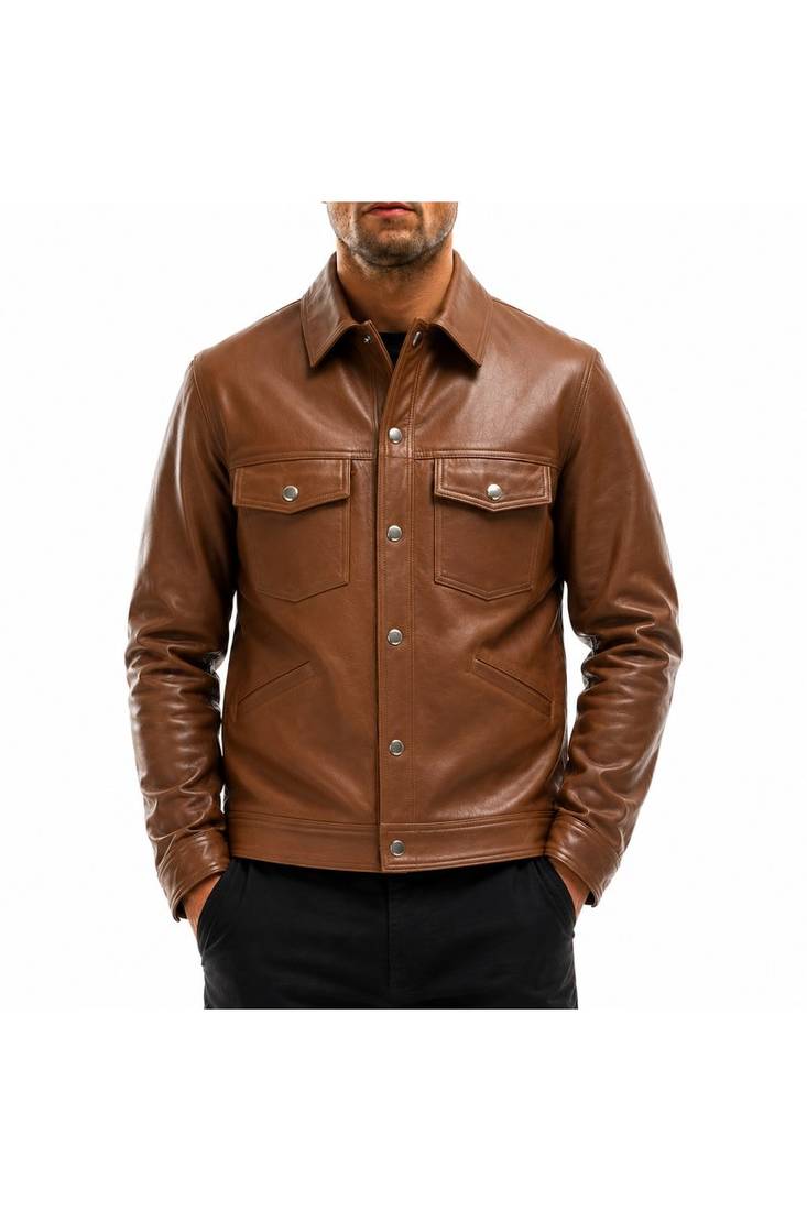 Men brown leather biker jacket real lambskin buttoned leather shirt