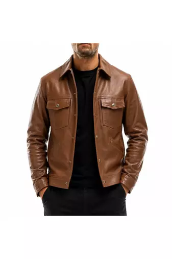 Men brown leather biker jacket real lambskin buttoned leather shirt