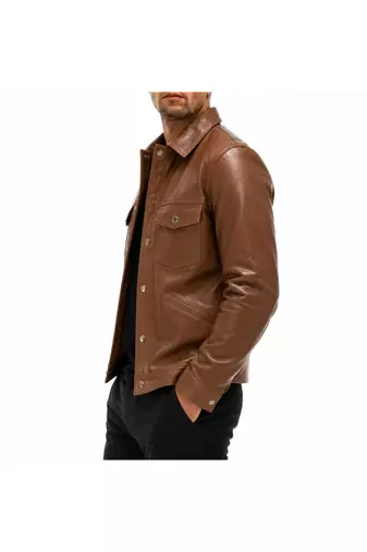 Men brown leather biker jacket real lambskin buttoned leather shirt