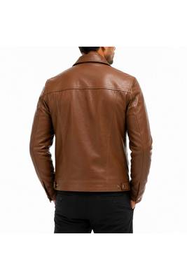 Men brown leather biker jacket real lambskin buttoned leather shirt 4