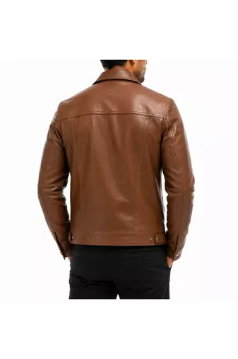 Men brown leather biker jacket real lambskin buttoned leather shirt
