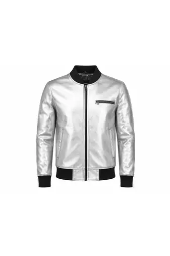Men's silver leather biker jacket fashion outerwear flight bomber jacket