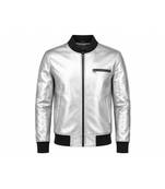 Men's silver leather biker jacket fashion outerwear flight bomber jacket