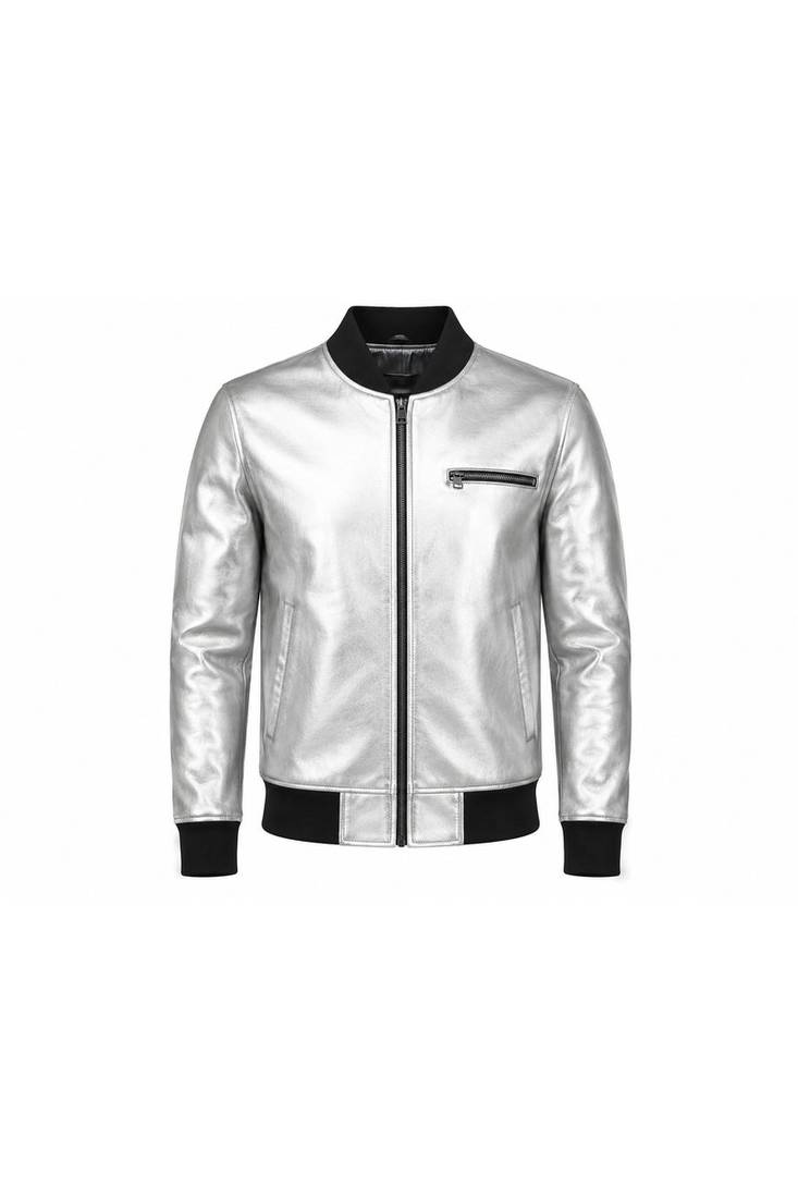Men's silver leather biker jacket fashion outerwear flight bomber jacket
