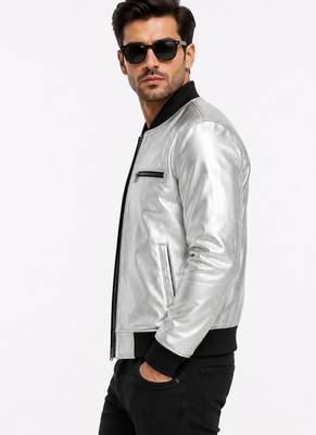 Men's silver leather biker jacket fashion outerwear flight bomber jacket 3