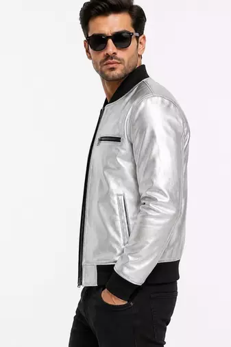 Men's silver leather biker jacket fashion outerwear flight bomber jacket