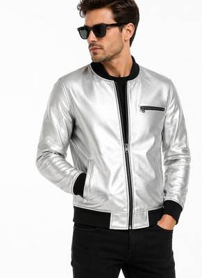 Men's silver leather biker jacket fashion outerwear flight bomber jacket 4