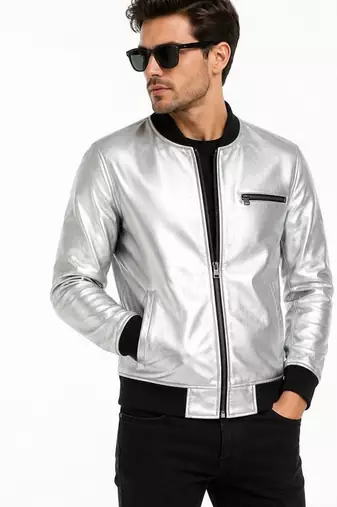 Men's silver leather biker jacket fashion outerwear flight bomber jacket