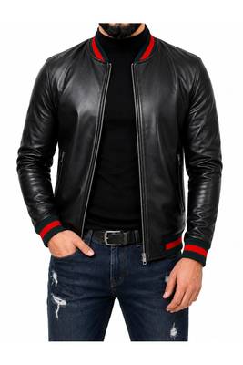 Men's leather biker jacket lambskin casual style black bomber jacket 2