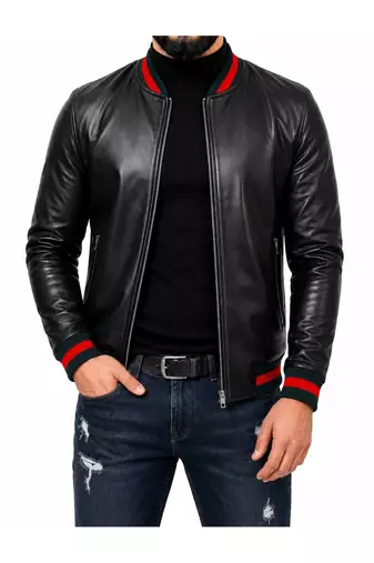 Men's leather biker jacket lambskin casual style black bomber jacket