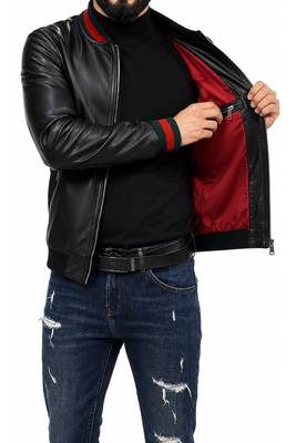 Men's leather biker jacket lambskin casual style black bomber jacket 3