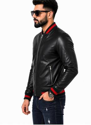 Men's leather biker jacket lambskin casual style black bomber jacket 4