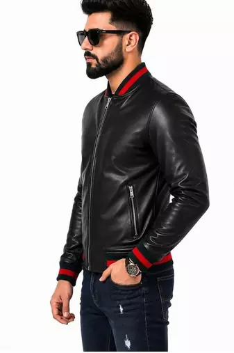 Men's leather biker jacket lambskin casual style black bomber jacket
