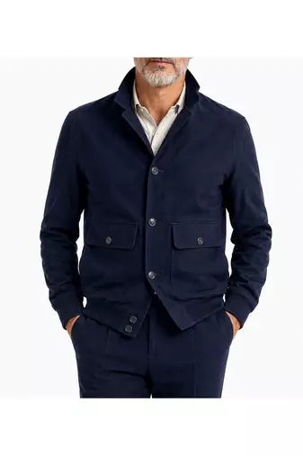 Men navy blue suede leather biker jacket handcrafted buttoned jacket