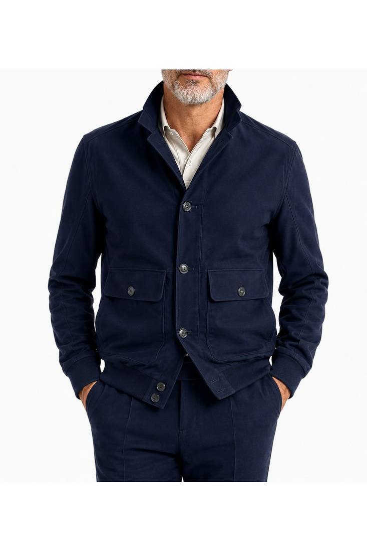 Men navy blue suede leather biker jacket handcrafted buttoned jacket