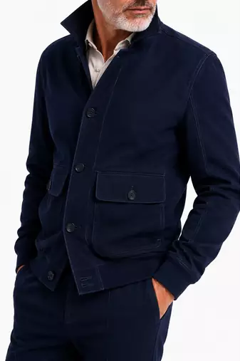 Men navy blue suede leather biker jacket handcrafted buttoned jacket
