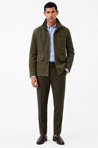 Men olive green suede leather coat handcrafted buttoned coat jacket