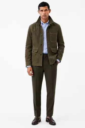 Men olive green suede leather coat handcrafted buttoned coat jacket