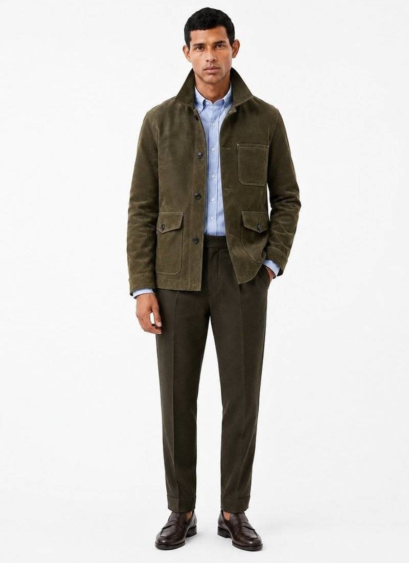 Men olive green suede leather coat handcrafted buttoned coat jacket