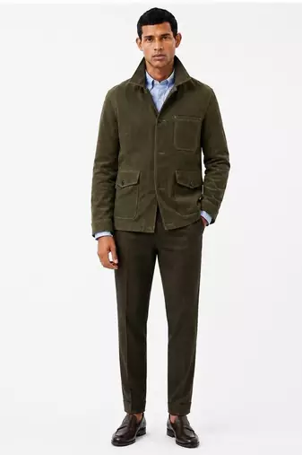 Men olive green suede leather coat handcrafted buttoned coat jacket