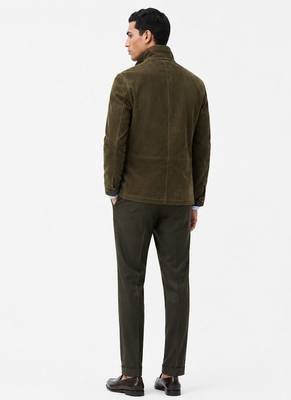 Men olive green suede leather coat handcrafted buttoned coat jacket 3