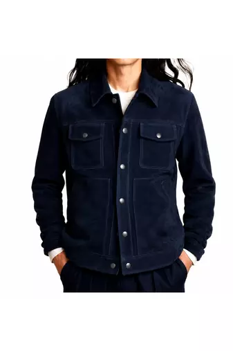 Men navy blue suede leather jacket handcrafted buttoned trucker jacket