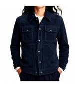 Men navy blue suede leather jacket handcrafted buttoned trucker jacket