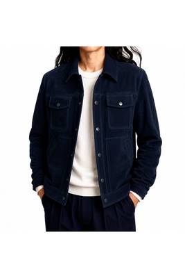 Men navy blue suede leather jacket handcrafted buttoned trucker jacket 2