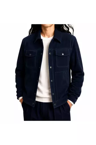 Men navy blue suede leather jacket handcrafted buttoned trucker jacket