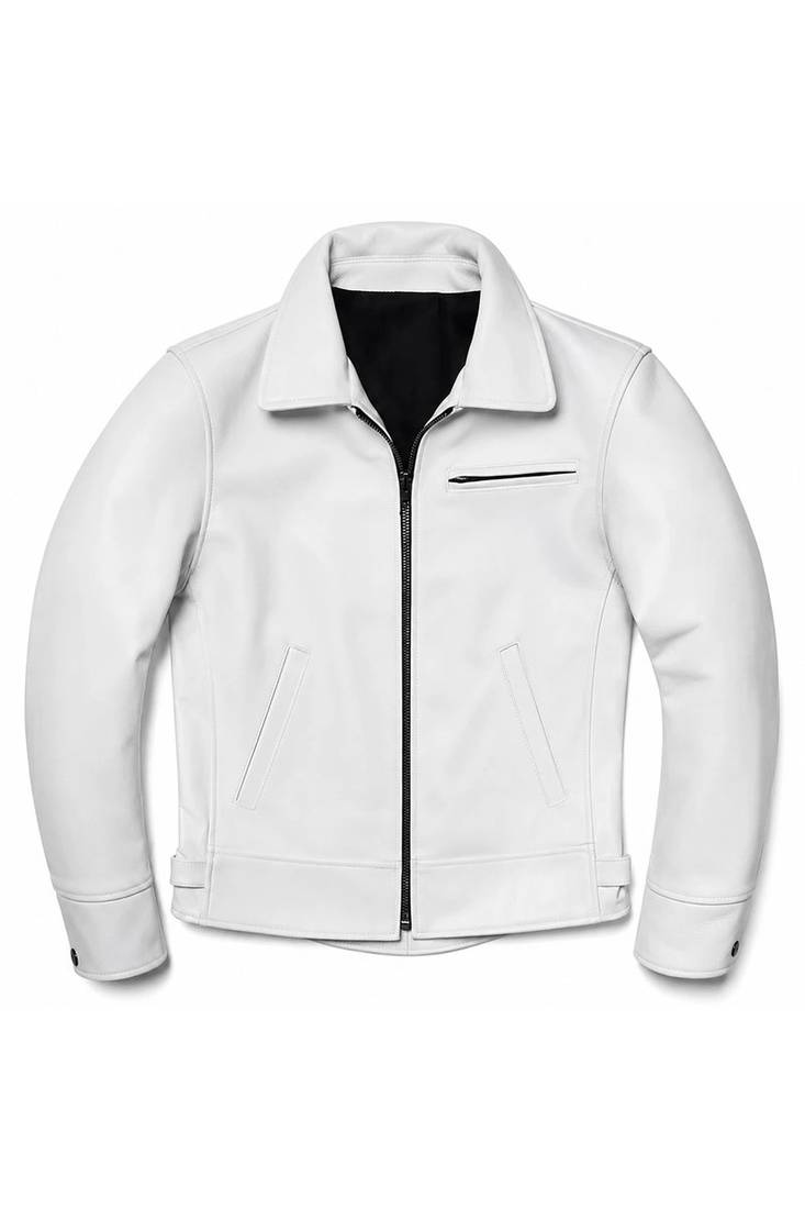 Men white leather biker jacket lambskin motorcycle style casual jacket