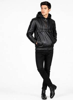 Men black leather jacket premium quality real lambskin hoodies jacket 2