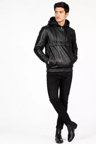 Men black leather jacket premium quality real lambskin hoodies jacket