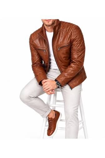 Men's brown leather biker jacket iconic look real lambskin jacket